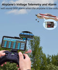 Hands holding remote with Ready To Fly RC Airplane With 3D Fixed Wing 580mm Wingspan in flight, telemetry display shown