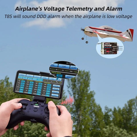 Hands holding remote with Ready To Fly RC Airplane With 3D Fixed Wing 580mm Wingspan in flight, telemetry display shown
