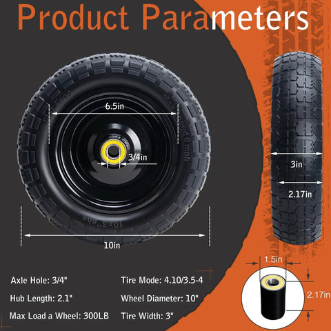 Front view of 10-inch solid rubber tire and wheel, 4.10/3.50-4, 3/4-inch bore, 2.17-inch offset hub; 2-pack for garden carts.