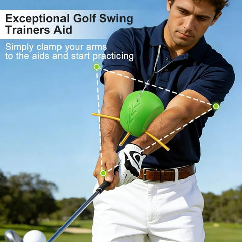Man using Game Changing Golf Swing Trainer Aid For Posture And Swing Mechanics, Simple And Effective Tool on golf course.