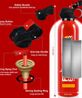 Twelve Pack 21 Oz Water Based Mini Fire Extinguishers Class A B C K Top Shelf Auto Safety Kit showing safety buckle and spray button.