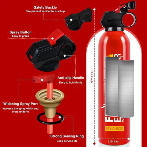 Twelve Pack 21 Oz Water Based Mini Fire Extinguishers Class A B C K Top Shelf Auto Safety Kit showing safety buckle and spray button.