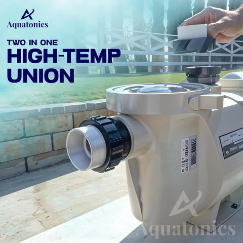 Hi Temp 2 Inch PVC Union 2 Pack connected to pool pump showcasing secure threaded connection