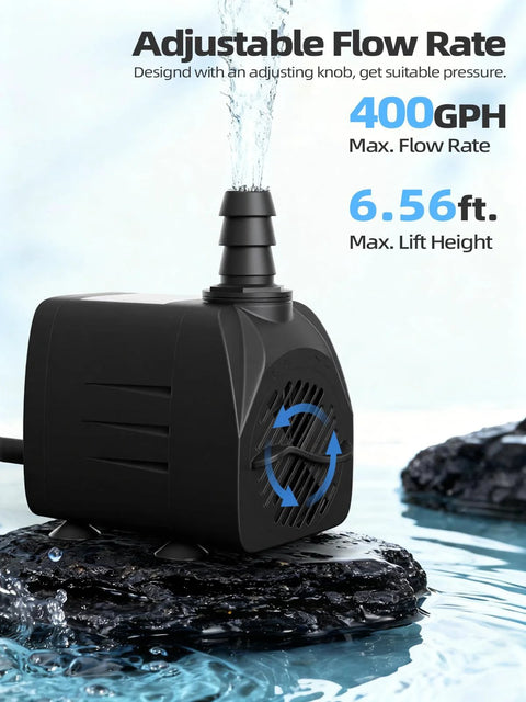 Black submersible water pump with side intake grill on rocks in water; for ponds, fountains, tanks, hydroponics