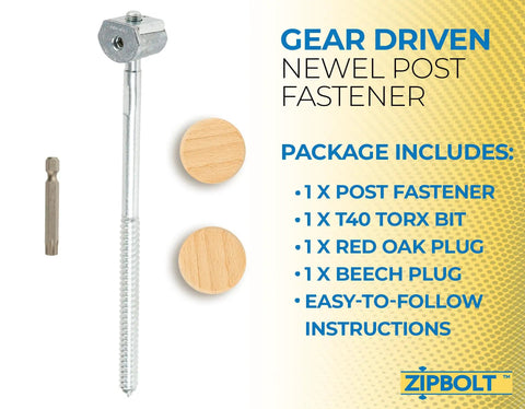 14.110 Super UT Newel Post Fastener Kit with Torx Bit, Oak and Beech Plugs, ideal for wood or concrete stairs.