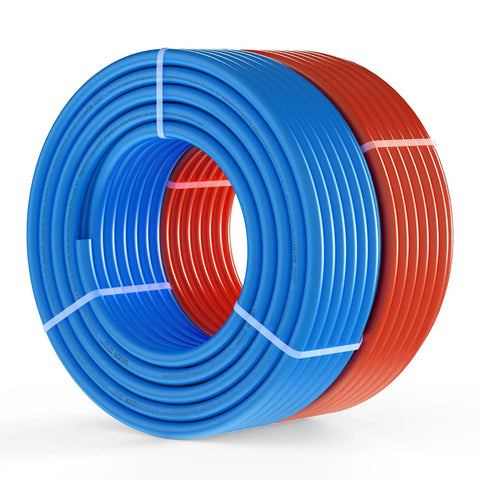 Three Quarters Inch PEX A Flexible Tubing For Potable Water Two Hundred Feet Non Oxygen Barrier For Hot And Cold Water Blue Red