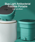Slick Portable Washing Machine With Hella Compact Folding Build That Is A Real Deal For Camping Trips And Dorm Rooms Featuring Lightweight 24 Liter Spin Cycle For Delicates And Gear on a white pedestal.