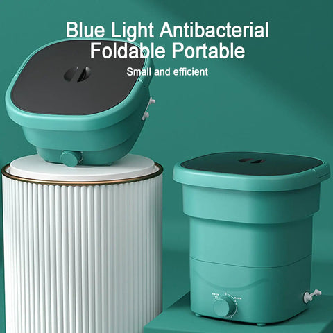 Slick Portable Washing Machine With Hella Compact Folding Build That Is A Real Deal For Camping Trips And Dorm Rooms Featuring Lightweight 24 Liter Spin Cycle For Delicates And Gear on a white pedestal.