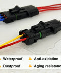 Waterproof 2 Pin Automotive Connector Kit 20 Sets For 18 14 AWG Wiring DIY Friendly Includes Male And Female Terminals With Silicone Seal Weather Pack Style Electrical Connectors For Cars Trucks Boats And More on wet surface showing waterproof and dustproof features.
