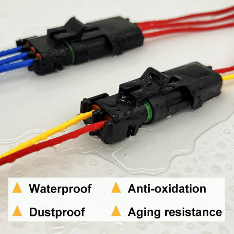 Waterproof 2 Pin Automotive Connector Kit 20 Sets For 18 14 AWG Wiring DIY Friendly Includes Male And Female Terminals With Silicone Seal Weather Pack Style Electrical Connectors For Cars Trucks Boats And More on wet surface showing waterproof and dustproof features.