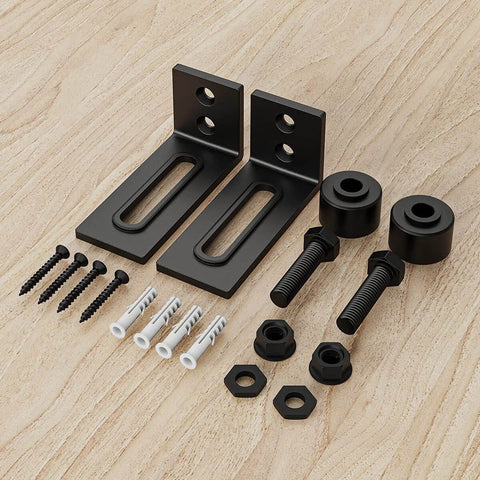 Heavy Duty Sliding Barn Door Floor Guide With Adjustable Roller, Flush Bottom Design, 2 Pack, Stainless Steel Brushed Finish, components visible