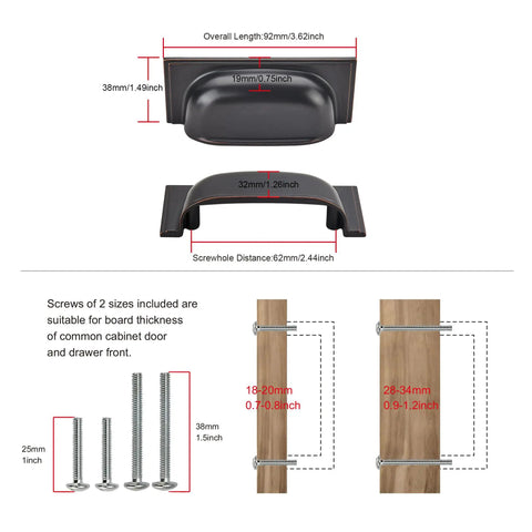Diagram showing Ten Pack Oil Rubbed Bronze Cabinet Cup Pulls Two And A Half Inch 64mm dimensions and screw options.
