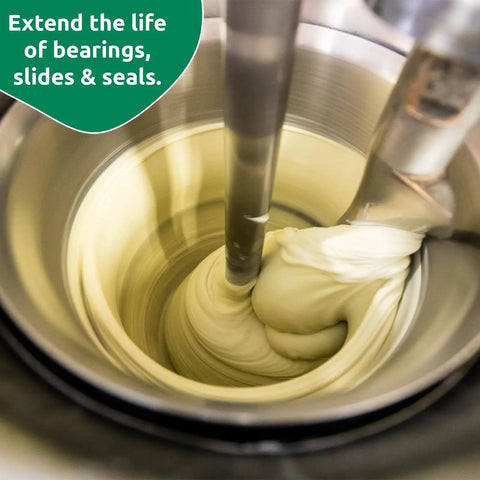 Food Safe Machine Lube For Go-To Heavy-Duty Bearings And Seals being applied in machinery, clear gel texture shown close-up.