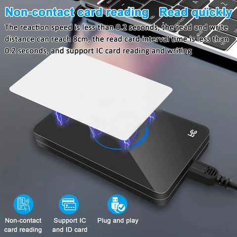 Dual Frequency RFID Reader Scanner 125KHz And 13.56MHz Reads EM4100 And ISO 14443 A B NFC Cards TK4001 For Access Control HID USB No Driver Required For Home Office, showing non-contact card reading in progress.