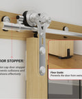 Stainless Steel Sliding Barn Door Hardware Kit With 7Ft Rail For Single Door Fits 42 Inch Panel Smooth Quiet Operation 220Lb Weight Capacity Includes Track Spliced Rail Wall Hangers Rail Connector 2 Rollers 2 Door Carriers Y Shape Hangers, showing door stopper and floor guide.