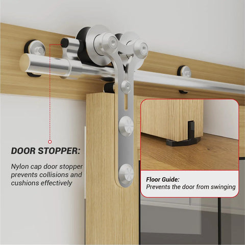 Close-up of Six Foot Sliding Barn Door Hardware Kit With Stainless Steel Track For A Single Door showing Y shape hangers and guide