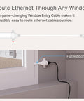 Ultra Flat CAT6A Window Entry Ethernet Cable for Starlink through window, showing flexible design and weatherproof sleeve.