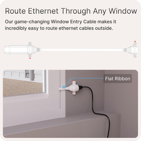 Ultra Flat CAT6A Window Entry Ethernet Cable for Starlink through window, showing flexible design and weatherproof sleeve.