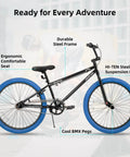 Side view of 24 Inch Kids Freestyle BMX Bike For Beginners For Boys And Girls Aged 7 To 12, Durable Hi Ten Steel Frame, 24 Inch Wheels, Smooth Gearing And Braking, Blue Tires, Perfect Starter Bike For Young Riders.