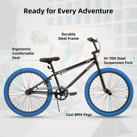 Side view of 24 Inch Kids Freestyle BMX Bike For Beginners For Boys And Girls Aged 7 To 12, Durable Hi Ten Steel Frame, 24 Inch Wheels, Smooth Gearing And Braking, Blue Tires, Perfect Starter Bike For Young Riders.