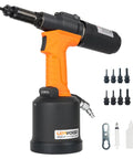 Heavy Duty Pneumatic Rivet Nut Tool Trade Grade Air Riveter Setting Kit with interchangeable nose pieces and accessories.