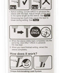 Back packaging of Orenz 0.2mm Mechanical Pencil with white barrel, instructions showing super sliding sleeve prevents lead breaks.