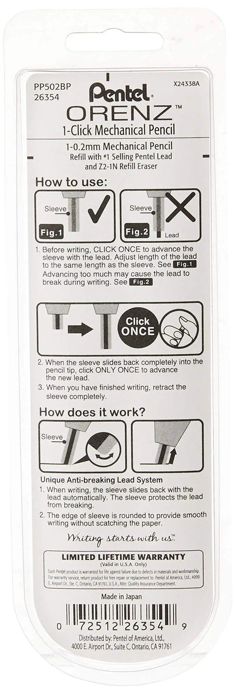 Back packaging of Orenz 0.2mm Mechanical Pencil with white barrel, instructions showing super sliding sleeve prevents lead breaks.