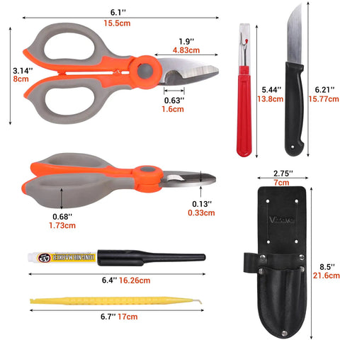 Upgraded 6 Piece Cable Splicer Kit With Genuine Leather Pouch showing tools and pouch dimensions in detail.