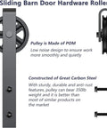 Heavy Duty Sliding Barn Door Hardware Rollers Black showing solid carbon steel construction and POM pulley design for ultra silent operation.