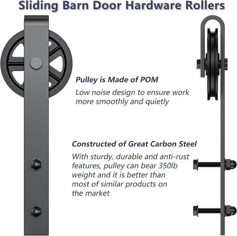 Heavy Duty Sliding Barn Door Hardware Rollers Black showing solid carbon steel construction and POM pulley design for ultra silent operation.