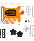 Diagram showing dimensions of Tandem Featherboard And L Push Stick Safety Kit components including bolts and knobs.