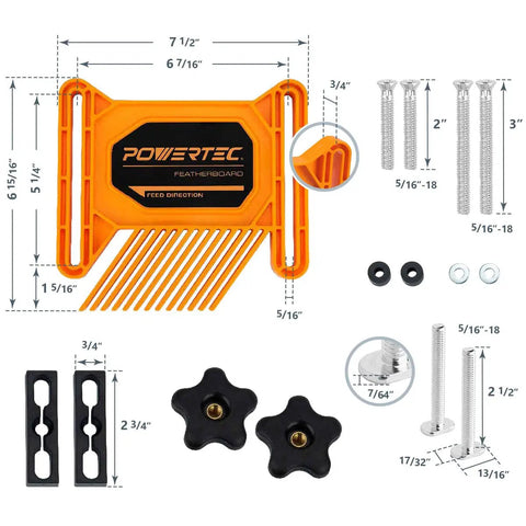 Diagram showing dimensions of Tandem Featherboard And L Push Stick Safety Kit components including bolts and knobs.