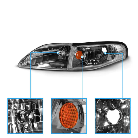 AmeriLite gun-metal replacement headlight set for 1994–1998 Ford Mustang passenger and driver sides, front view