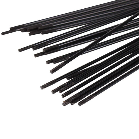 Pro Grade 36 Piece 14G J Bend Bicycle Spokes With Nipples, showing threaded ends, black #45 steel, 2.0mm diameter