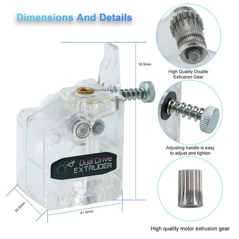 Dual Gear Drive Extruder Upgrade V3 Built For Ender 3 Series And CR-10 Prusa I3 DIY Printers With Bowden Style Feed Anycubic Mega S Tevo Tornado Wanhao D9 Anet A8 E10 No Jam Feeding High Torque Slippage Free, clear body with dimensions