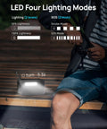 Pocket Sized Power Station With LiFePO4 Battery showing LED lighting modes and a person using it outdoors.