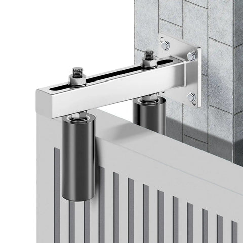 Six Inch Slide Gate Guide Roller with Adjustable UHMW Nylon Guider and Heavy Duty Steel Bracket Black Powder Coat installed on gate