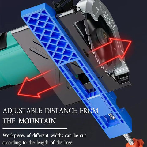 Ultra Precision Adjustable Cutting Machine Base Guide For Circular Saw with blue clamp and measurement arrows in workshop setup.