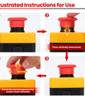 Instructions for Red Mushroom Head Emergency Stop Push Button Switch With Weatherproof Enclosure, IP65, Twist To Reset.