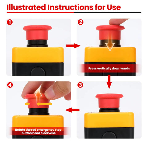 Instructions for Red Mushroom Head Emergency Stop Push Button Switch With Weatherproof Enclosure, IP65, Twist To Reset.