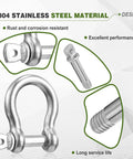 Details of 50 Pack 1/4 Inch D Ring Shackles Built Like A Tank 304 Stainless Steel Rigging Hardware with corrosion resistance features.