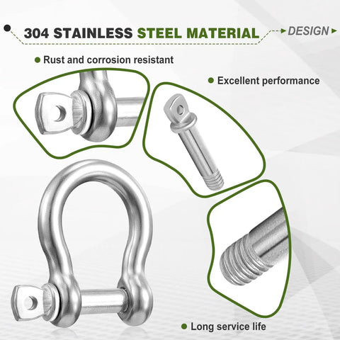 Details of 50 Pack 1/4 Inch D Ring Shackles Built Like A Tank 304 Stainless Steel Rigging Hardware with corrosion resistance features.