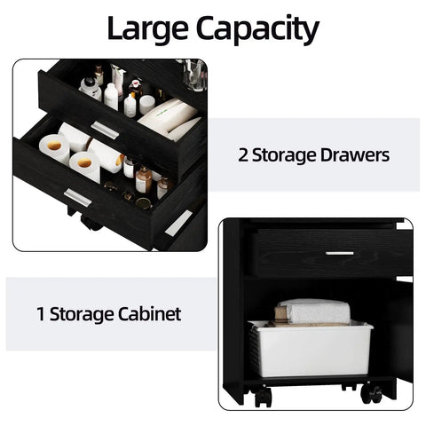 Mobile Salon Station On Wheels For Hair Stylists And Barbers Sleek Black Trolley Cart With Swivel Casters large storage drawers visible