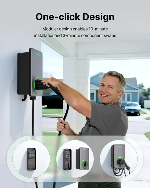 Man installing Level 2 EV Charger 50 Amp J1772 Hardwired With WiFi App Weatherproof Indoor Outdoor EVSE Charging Station