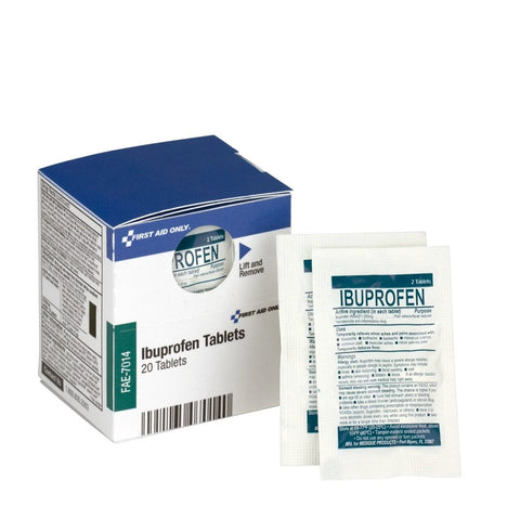 First Aid Only ibuprofen tablets refill box with two white sachets, blue label, 20 tablets