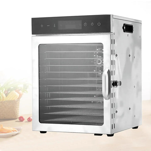 Stainless Steel Electric Food Dehydrator With 12 Trays boasts a digital timer and precise heat control for drying meats and fruits.