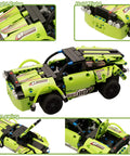 2-In-1 Remote Control Race Car And Off Road Truck Building Set For Kids, featuring green snap-together blocks and black wheels