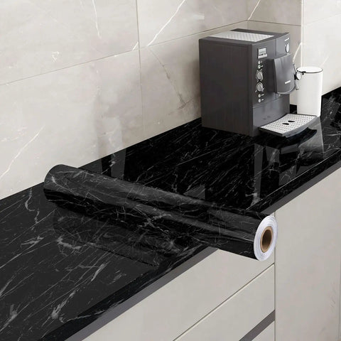 Self Adhesive Marble Countertop Wallpaper Peel And Stick Black Marble Design With Grid Back For Easy Cutting 18 Inch By 394 Inch Roll on kitchen counter