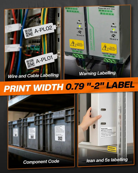 Hella Tough Industrial Label Printer Slick Portable Bluetooth 2 Inch Tape Cutter No Fuss App Integration For Heavy Duty Wiring Box Sorting Gear Tagging And Equipment Identification labels for wire, components, and warning signs.