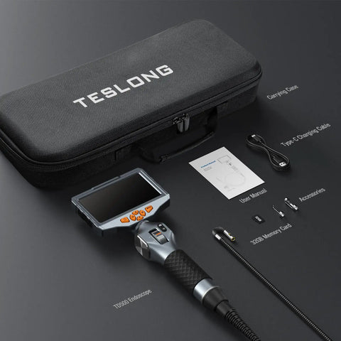 Articulating Borescope Pro Grade With Dual Lens Endoscope For Automotive Inspections, Five Inch IPS Display, case and accessories